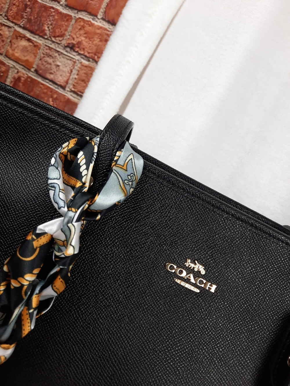 Coach Black Saffiano Leather Tote with Patterned Scarf Accent - Picture 4 of 11